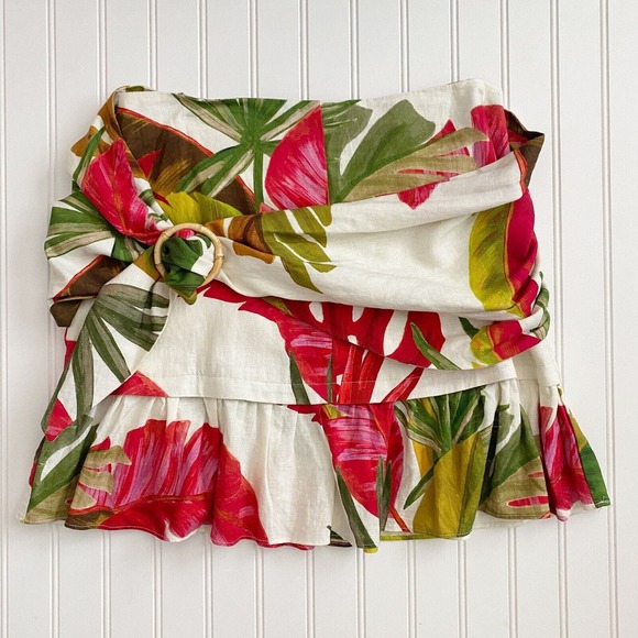 Farm Rio Ruffle Mini Skirt Women M Multicolor Linen Tie Buckle Spring Forest NWT - Picture 2 of 9